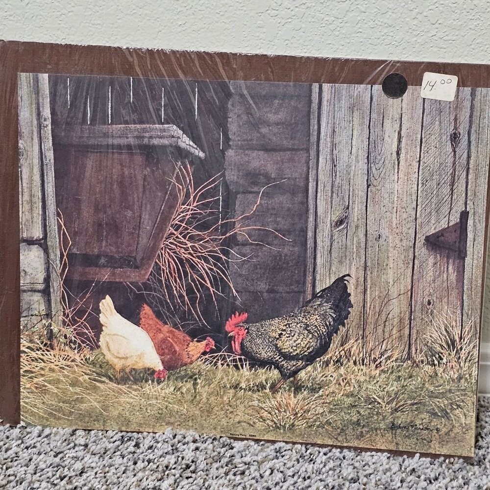 Pecking Party Print By Evelyn Pierson Farmhouse Decor Chicken Rooster 14" x 11"